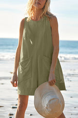 Solid Color Casual Round Neck Sleeveless Pocket Loose Rompers