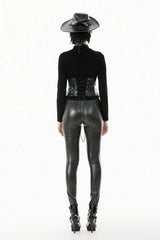 Punk Skeleton Hand Leather Appliqué Embroidered Mock Neck Tee
