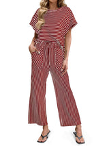 Striped Short Sleeve T-Shirts Wide Leg Pants Two Piece Set (Buy 2 Free Shipping)