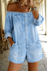 Women's Casual Cotton Denim Off-Shoulder Jumpsuit Shorts