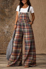 Vintage Plaid Overall Jumpsuit – Relaxed Wide Leg Casual Bib Pants