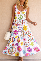 Women's Hippie Peace Love Floral Art Pattern Print Sleeveless Cotton Pocket Dress