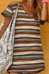 Boho Stripe Loose Mini Dress for Women – Casual Summer Round Neck Short Sleeve Beach Dress