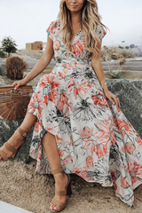 Women’s Floral Asymmetrical Hem V-Neck Midi Dress