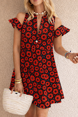 Women's Boho Floral Mini Dress – Red Daisy Print, Ruffle Sleeve, Loose Fit Summer Casual Dress