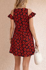 Women's Boho Floral Mini Dress – Red Daisy Print, Ruffle Sleeve, Loose Fit Summer Casual Dress