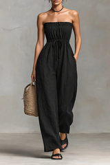 Strapless Cinched Waist Wide Leg Jumpsuit – Effortless Summer Linen Romper