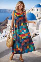 Boho Patchwork Maxi Dress for Women – Loose Fit Sleeveless Summer Vacation Dress