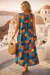 Boho Patchwork Maxi Dress for Women – Loose Fit Sleeveless Summer Vacation Dress