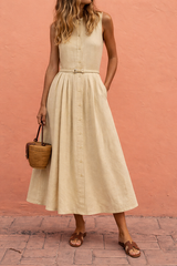 Women's Linen Button Front Midi Dress – Sleeveless Belted Summer A-Line Dress