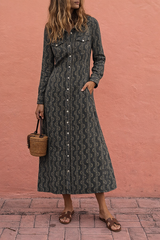 Vintage Western Print Shirt Dress – Retro Boho Button Down Midi Dress