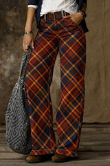 Vintage Plaid Patchwork Wide Leg Jeans for Women – High Waist Boho Pants