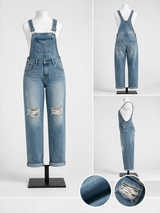 Blue Casual Plain Denim Ripped Jumpsuit