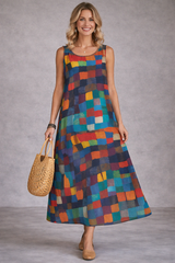 Boho Patchwork Maxi Dress for Women – Loose Fit Sleeveless Summer Vacation Dress