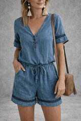 Effortless Tencel Denim Romper – Lightweight Drawstring Waist Casual Playsuit