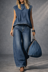 High Waisted Loose Pockets Solid Color Mock Neck Suits Vest Top + Pants Bottom Two Pieces Set