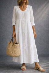 Women's Solid Color Casual V-neck Cotton Linen Long Dress