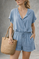 Effortless Soft Denim Romper – Lightweight Tencel Jumpsuit with Drawstring Waist