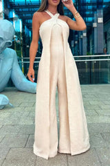 Crisscross Halter Layered Wide-Leg Jumpsuit