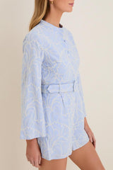 Floral Embroidered Button-Front Belted Romper