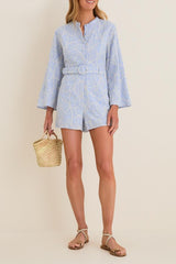 Floral Embroidered Button-Front Belted Romper