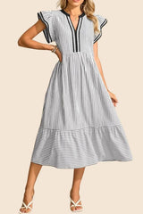 Women's Striped V-Neck Flutter Sleeve Long Dress