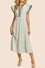 Women's Striped V-Neck Flutter Sleeve Long Dress