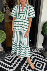 Women's Short Bubble Sleeve Striped Dress With Pockets