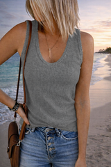 Scoop Neck Ribbed Solid Sleeveless Top
