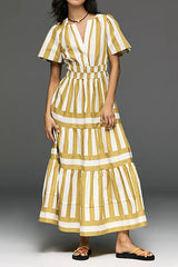 Yellow & White Striped V-Neck Dress with Puffed Sleeves