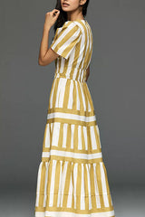 Yellow & White Striped V-Neck Dress with Puffed Sleeves