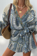 White V-Neck Peasant Top with Paisley Print & Tie Detail