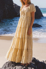 Yellow Floral Square-Neck Dress with Puffed Sleeves