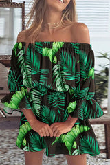 Off-Shoulder Floral Print Dress with Flared Sleeves - Elegant Midi Dress for Spring and Summer