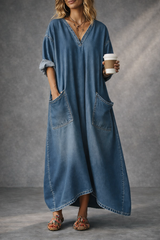 Relaxed V-Neck Denim Maxi Dress with Pockets - Classic Blue Loose-Fit Dress