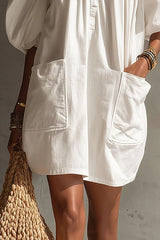 Off-the-Shoulder Midi Dress with Puff Sleeves & Pockets - Boho Summer Dress with Black Buttons