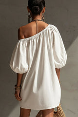 Off-the-Shoulder Midi Dress with Puff Sleeves & Pockets - Boho Summer Dress with Black Buttons