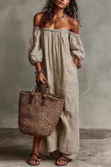 Off-Shoulder Midi Dress with Puffed Sleeves - Black & Cream Striped Bohemian Summer Dress
