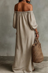 Off-Shoulder Midi Dress with Puffed Sleeves - Black & Cream Striped Bohemian Summer Dress