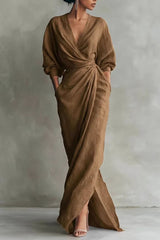 V-Neck Twist-Knot Maxi Dress with Puff Sleeves - Elegant Side-Slit Evening Gown