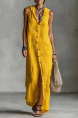 Sleeveless Button-Front Jumpsuit with High Leg Slit - Minimalist Wide-Leg Romper for Women