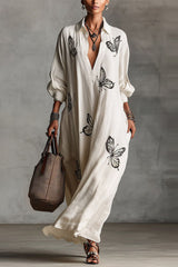 White Butterfly Print Shirt-Collar Maxi Dress - Casual Elegant V-Neck Loose Dress for Summer