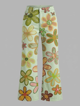 Women's Green Cute Floral Hippie Art Printed Casual Slim Denim Wide Leg Pants