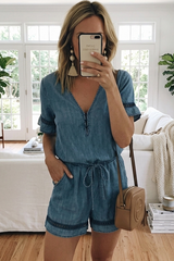 Effortless Tencel Denim Romper – Lightweight Drawstring Waist Casual Playsuit