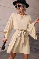 Elegant Batwing Sleeve Mini Dress – Loose Fit Waist Tie Casual Chic Dress