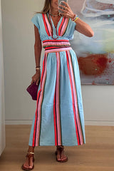 Boho Striped Two-Piece Set – V-Neck Top & Maxi Skirt Summer Outfit