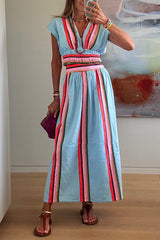 Boho Striped Two-Piece Set – V-Neck Top & Maxi Skirt Summer Outfit