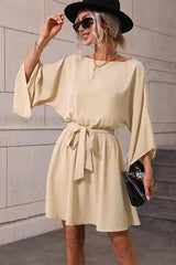 Elegant Batwing Sleeve Mini Dress – Loose Fit Waist Tie Casual Chic Dress