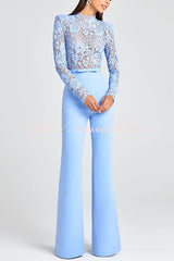 Party Charmer Flower Lace Patchwork Long Sleeve Bow Belted Flare Jumpsuit