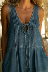 Casual Pleated Drawstring Loose Denim Jumpsuit